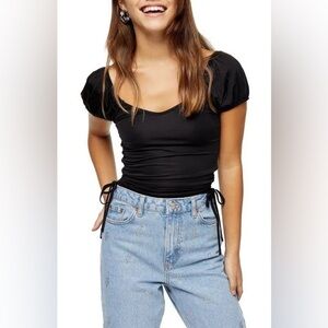 New Topshop Ruched Side Tie Puff Sleeve Blouse in Black Women’s Size 12